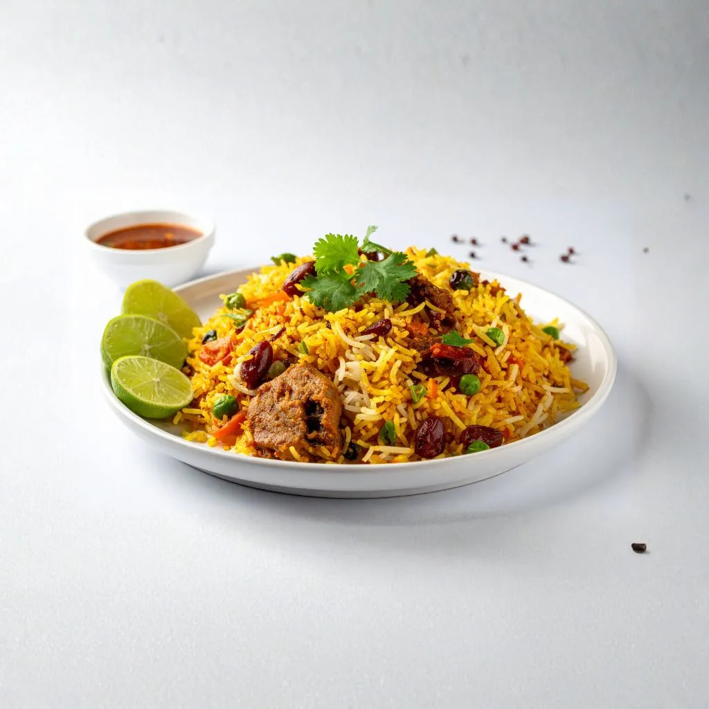 A plate of Hyderabadi biryani with fragrant long grain rice, tender meat pieces, and fresh cilantro garnish, served with lime wedges and a side of sauce, highlighting a rich and aromatic dish.