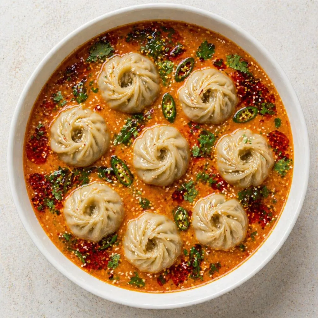 A white bowl filled with spicy mmomo featuring seven dumplings, garnished with sliced green chilies, cilantro, and sprinkled with chili oil, creating a vibrant and appetizing dish.