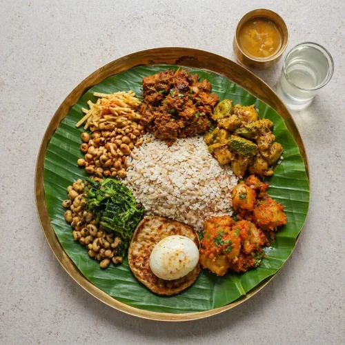 A traditional Newari Khaja set served on a banana leaf platter, featuring beaten rice, spiced meat, boiled egg, beans, greens, and assorted sides, accompanied by small bowls of sauce and drink.